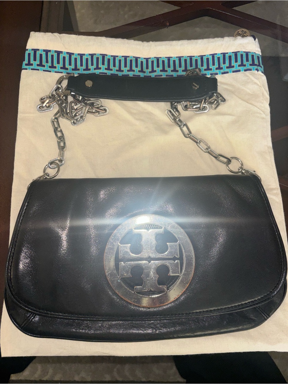 Tory Burch Black Leather Shoulder Bag with Silver Logo